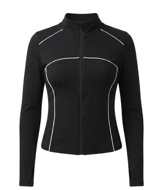 Black and white athletic jacket, sports bra, and leggings set with text on a white background