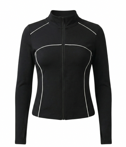 Black and white athletic jacket, sports bra, and leggings set with text on a white background